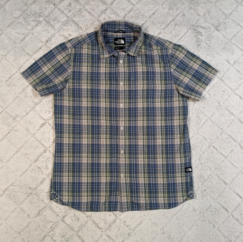 The North Face Shirt Men's Large Green Blue Plaid Button Up Short Sleeve Light